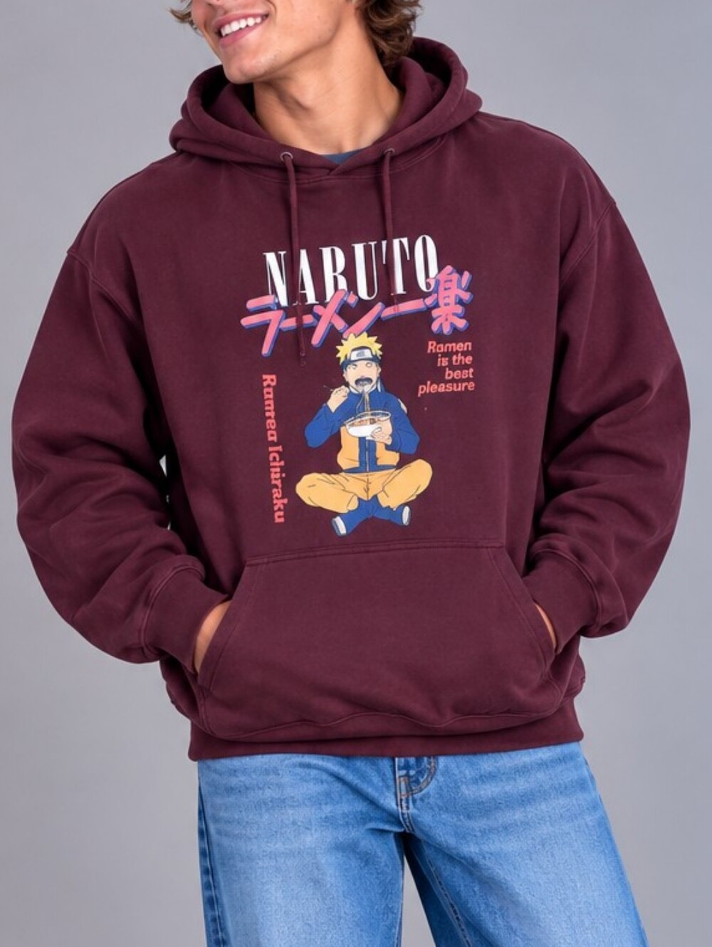 Naruto Shippuden Mens 3XL Ramen Ichiraku Anime Graphic Pullover Hoodie Burgundy